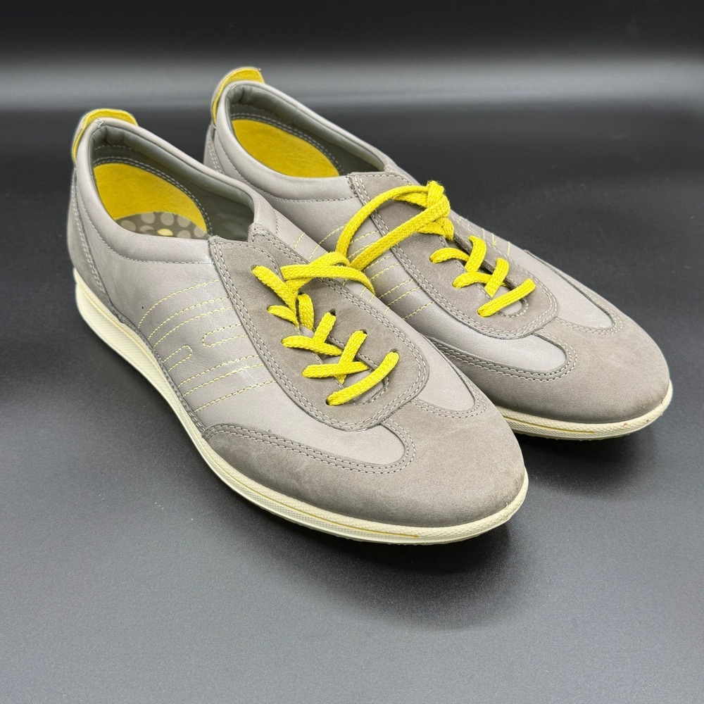 Ecco Jogga Womens Sz 39 Grey Leather Suede Low Top Sneakers Yellow Accents